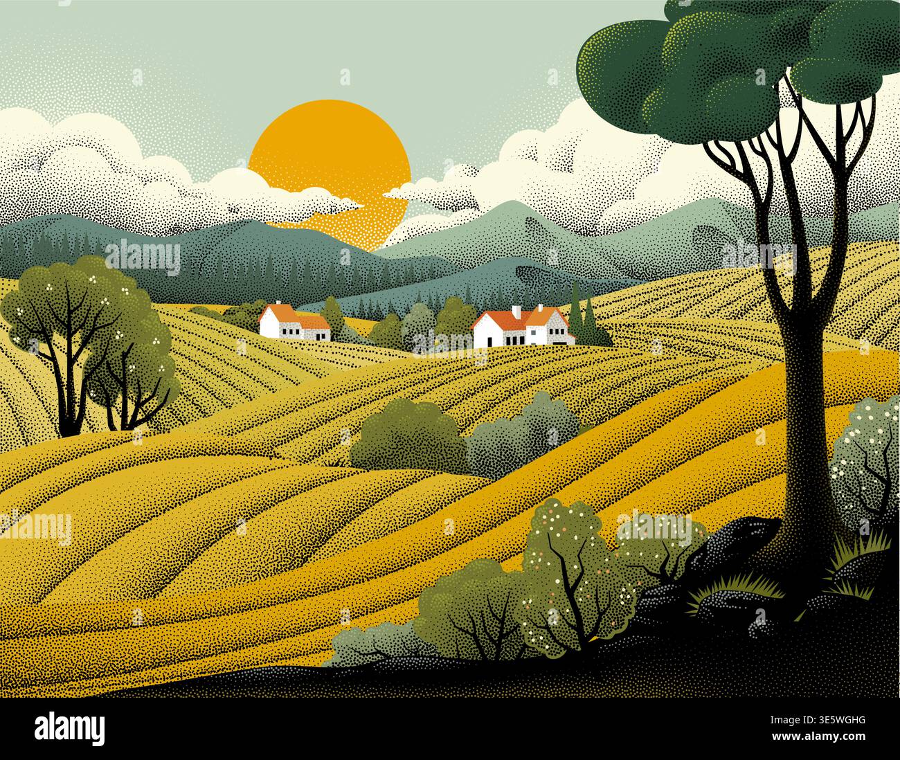 Fields Rolling Hills Farm Landscape Background Stock Vector