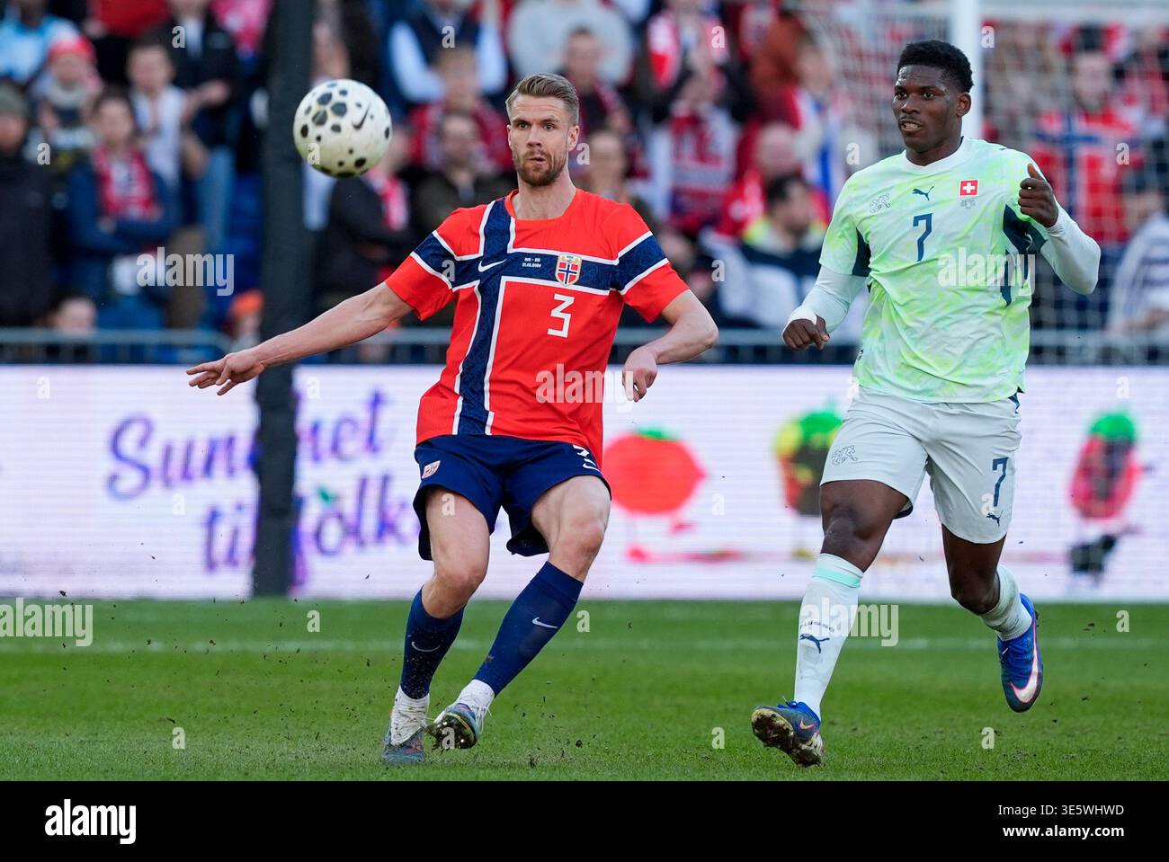 Oslo 20260331. Kristoffer Ajer and Switzerland's Breel Embolo during ...