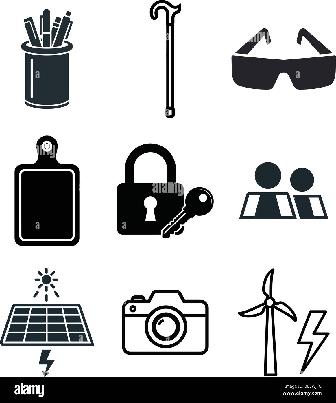 Icon collection featuring tools, social interaction, and renewable energy. Stock Vector