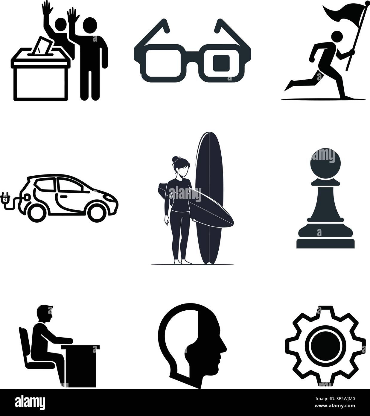 Icon set representing voting, eyewear, movement, and various activities. Stock Vector