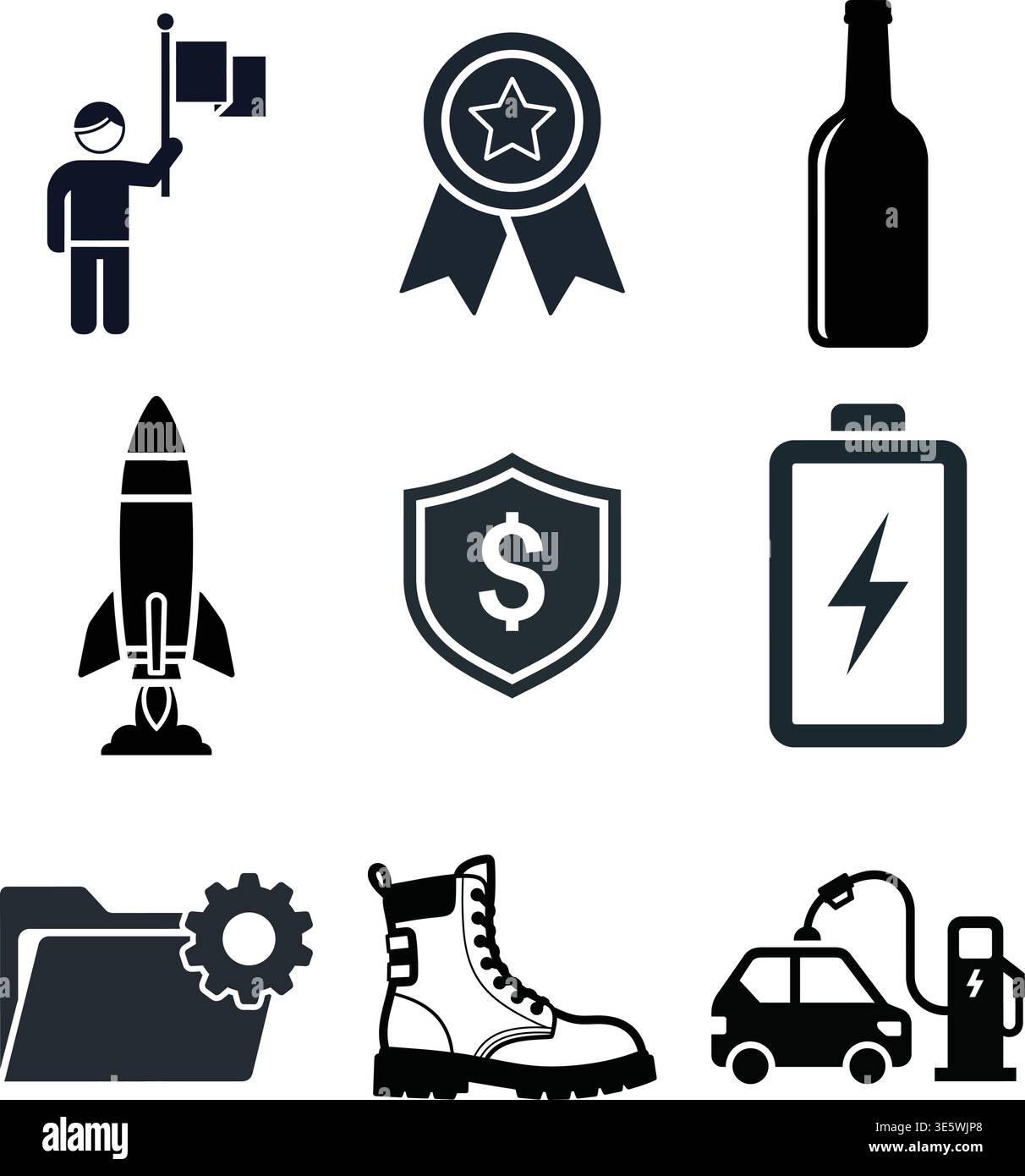 Icon set representing communication, work, health, and energy Stock Vector