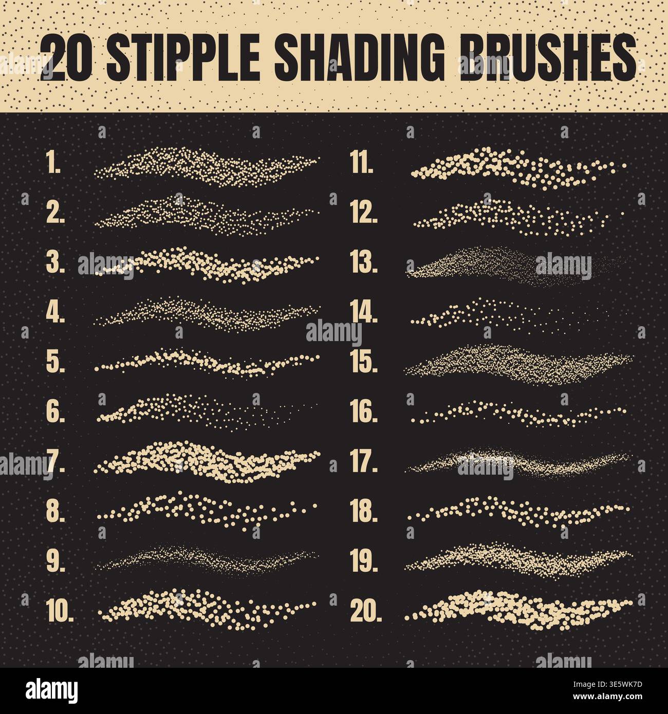 Ink scatter brush, stipple drawing and texturing. Fading gradient. Stippling, dotwork drawing, shading using dots. Halftone disintegration effect Stock Vector