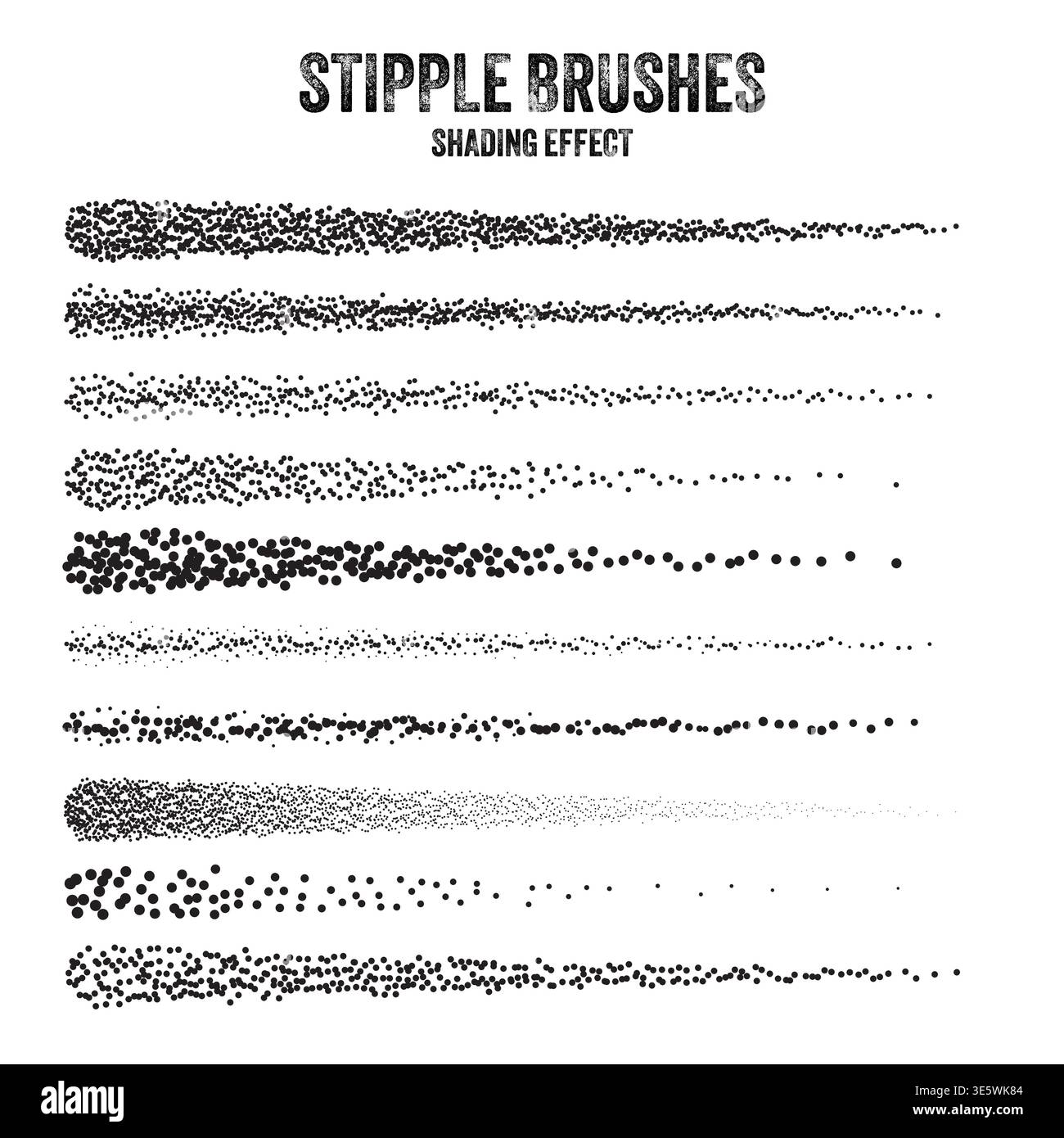 Ink scatter brush, stipple drawing and texturing. Fading gradient. Stippling, dotwork drawing, shading using dots. Halftone disintegration effect Stock Vector