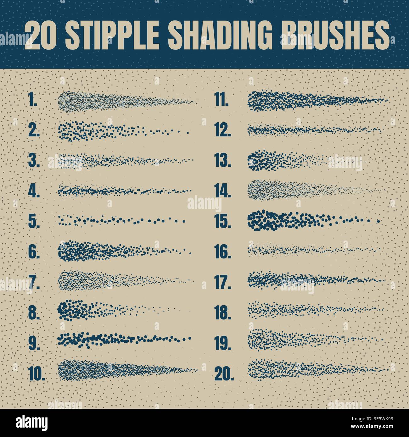 Ink scatter brush, stipple drawing and texturing. Fading gradient. Stippling, dotwork drawing, shading using dots. Halftone disintegration effect Stock Vector