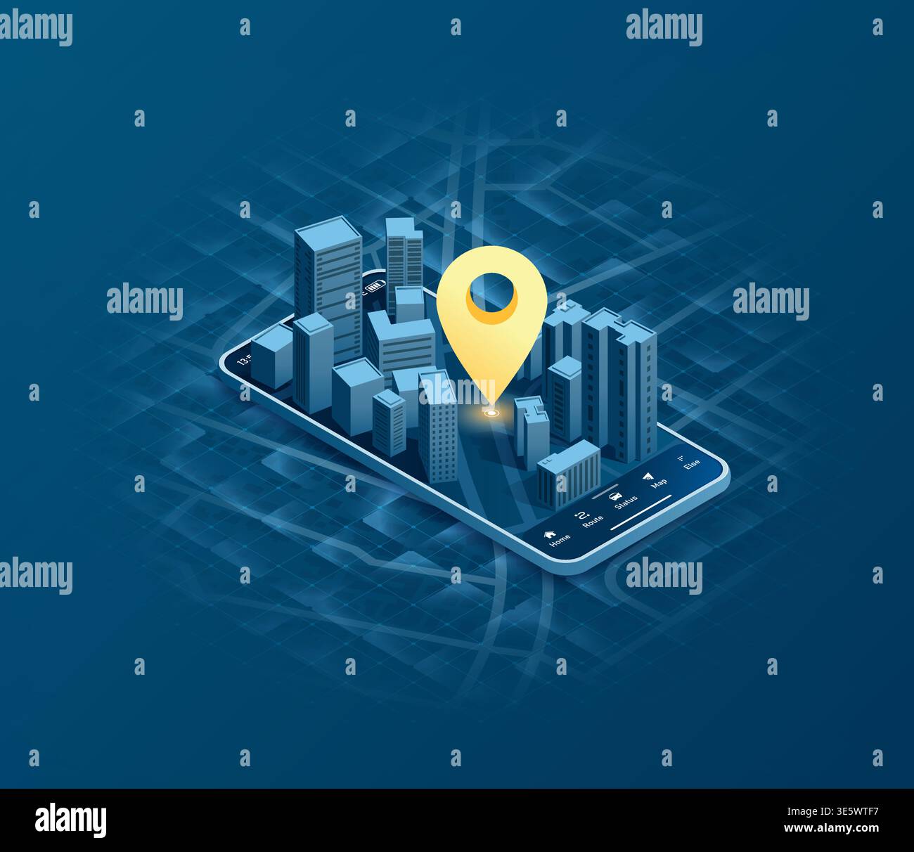 Mobile GPS navigation, smart car location and map pointer. Isometric city map featuring directional signs, an intended goal point on mobile. Vector Stock Vector