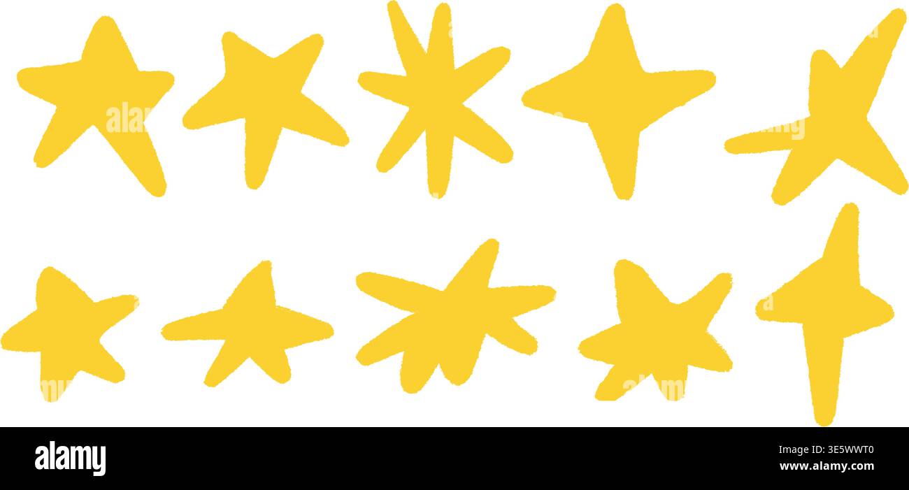 Set of yellow stars, childrens crayon drawing Stock Vector