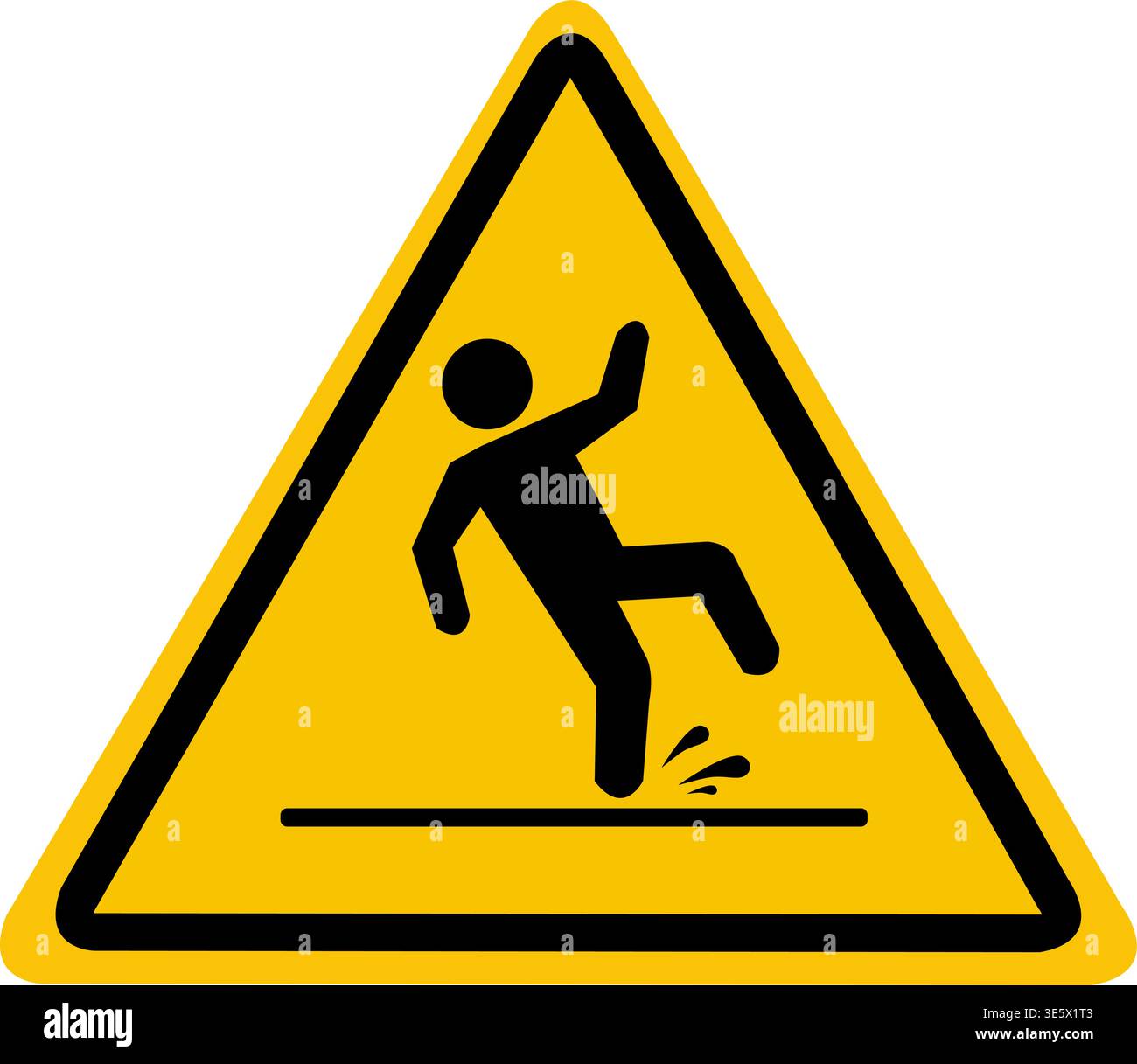 Slippery wet floor. The falling man is highlighted on the yellow triangle. Caution and warning Stock Vector