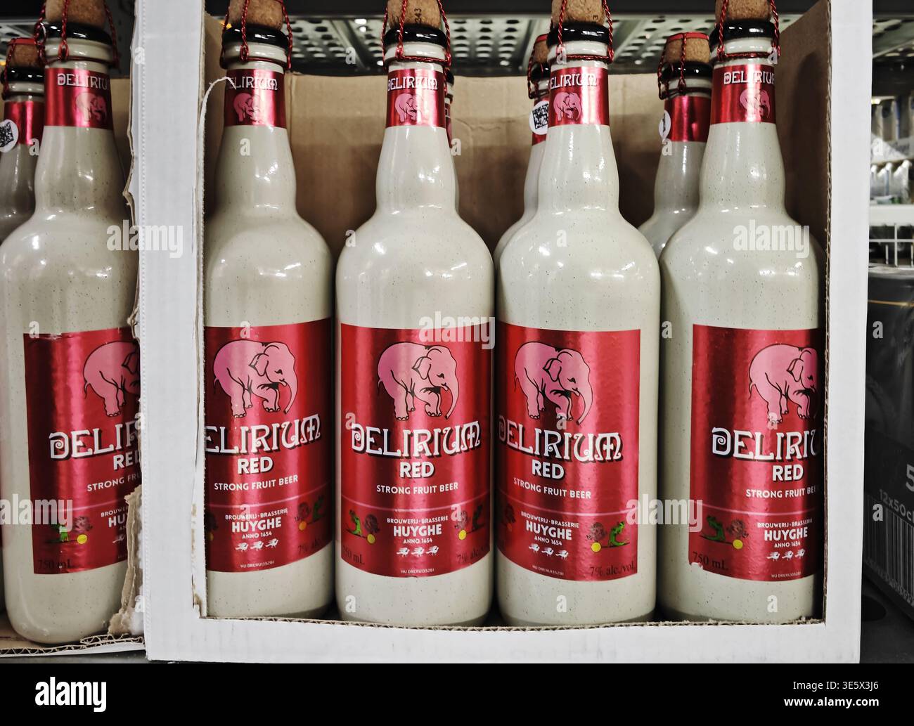 Oryol, Russia - December 12, 2024: Shelf stocked with bottles of Delirium Red beer. Stock Photo