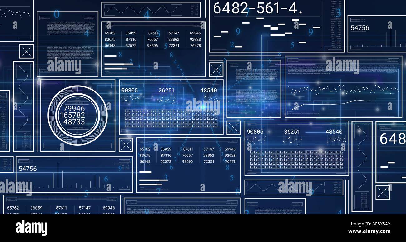 Displaying dashboard UI showing translucent panels, circular gauge, waveform graphs, numeric tables Stock Photo