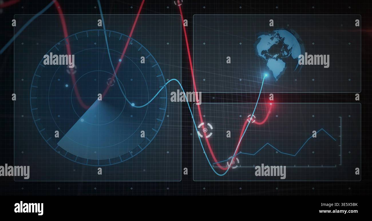 Displaying large radar circle scanning left on dark HUD, tracking red cyan waveforms, copy space Stock Photo