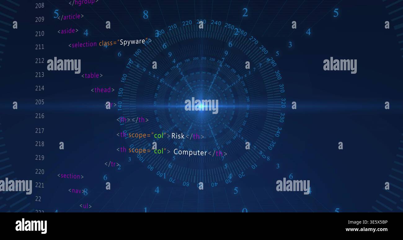 Glowing concentric ring HUD emitting central light flare and floating source-code in security UI Stock Photo