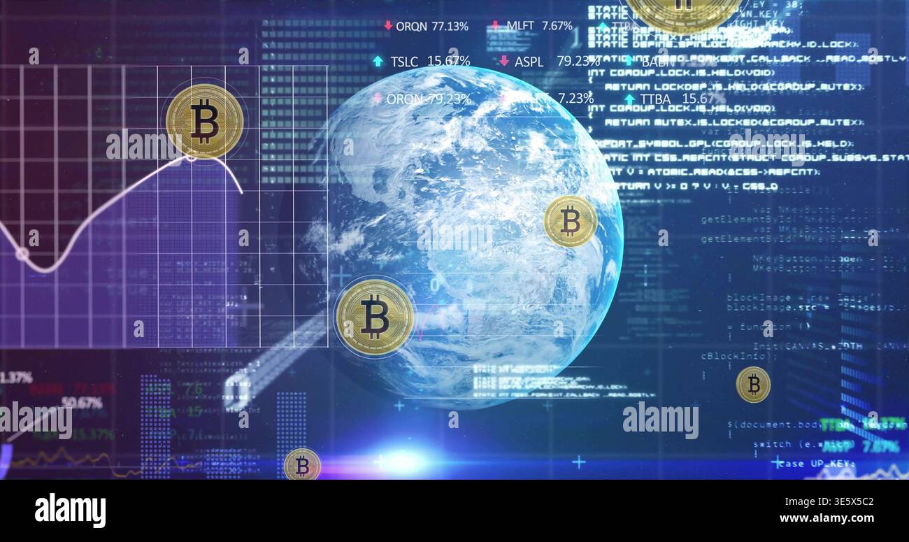 Displaying stylized Earth globe rotating in crypto UI showing Bitcoin coins, code, purple grid Stock Photo