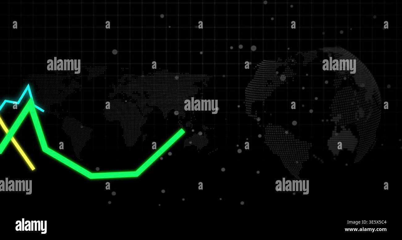 Displaying neon green angular line on dashboard, showing cyan spike, yellow segment, dotted globe Stock Photo