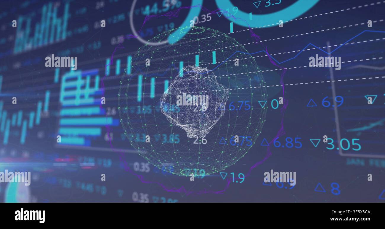 Displaying wireframe sphere rotating on trading dashboard, with candlesticks and numeric labels Stock Photo