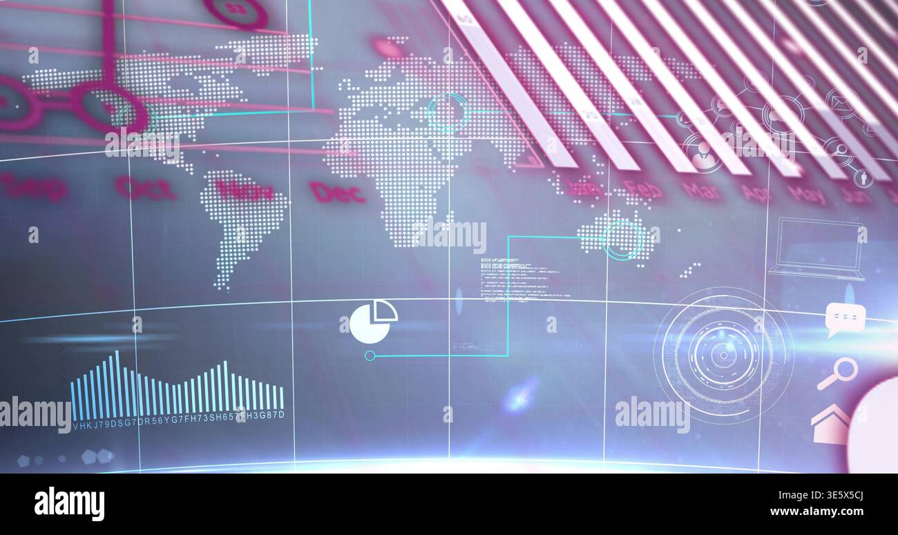 Projecting multi-panel digital dashboard on curved screen in command hub, dotted map and radar HUD Stock Photo