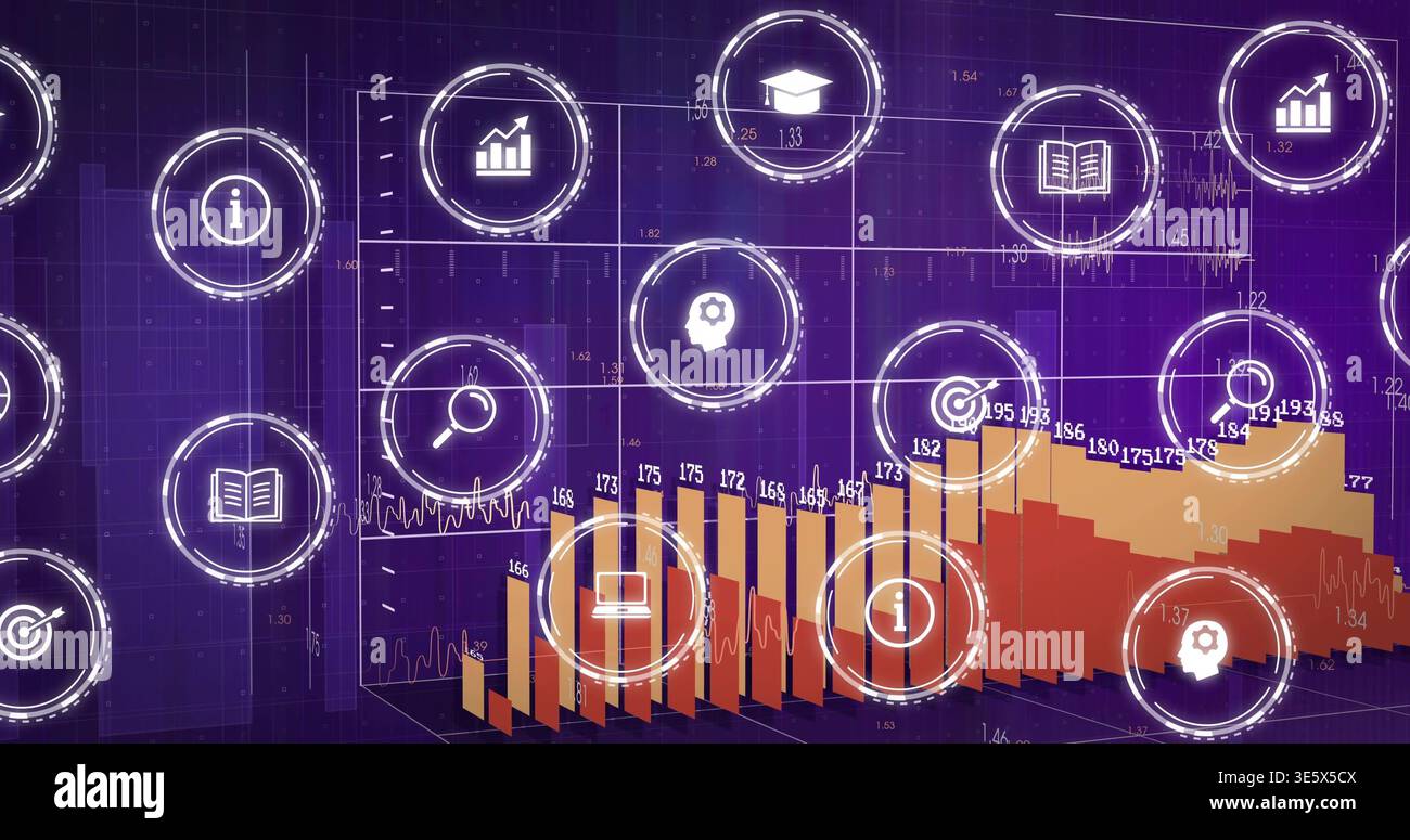 Displaying central 3D bar chart and floating UI icons on virtual analytics dashboard, with labels Stock Photo