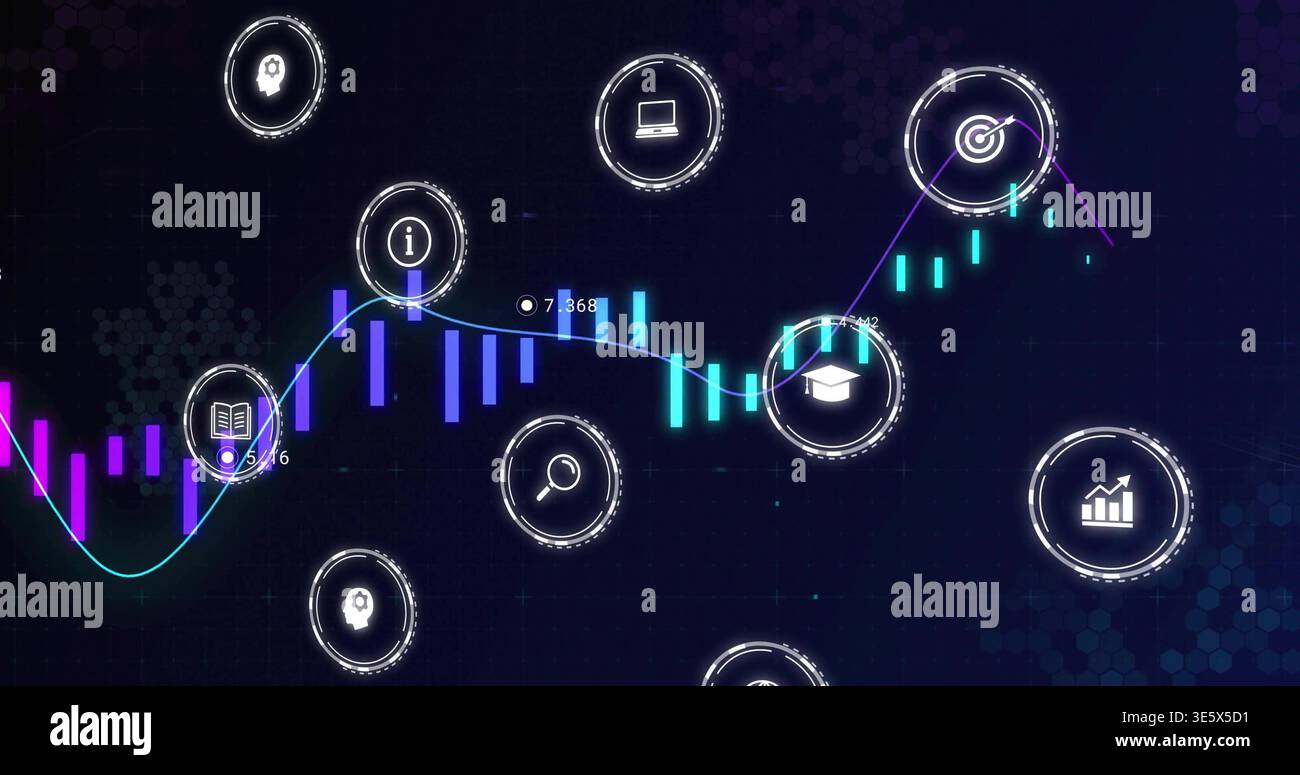 Displaying data visualization centered at dashboard, showing candlestick bars, neon line, icons Stock Photo