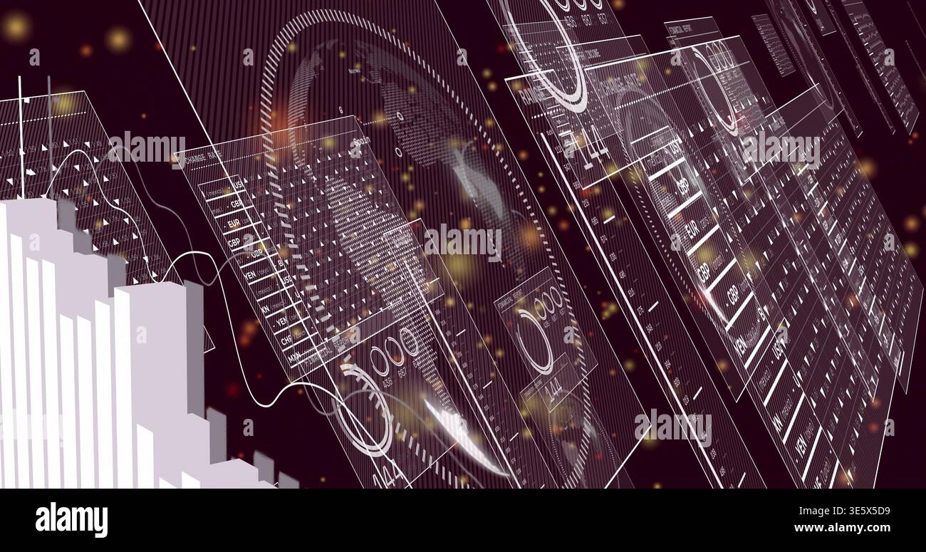Floating overlapping panels displaying graphs, gauges and vertical bars in maroon 3D dashboard Stock Photo