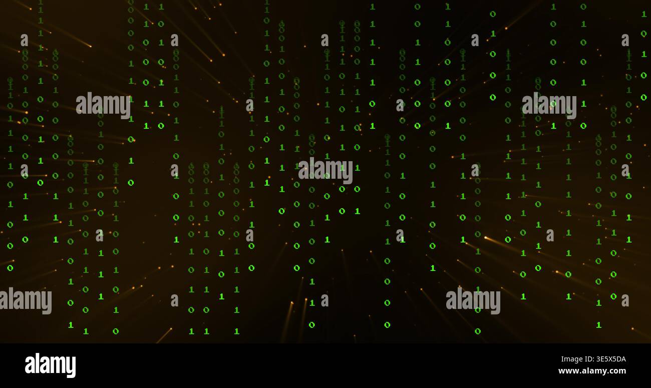 Streaming field cascading glowing green digits in code columns through data field with amber sparks Stock Photo