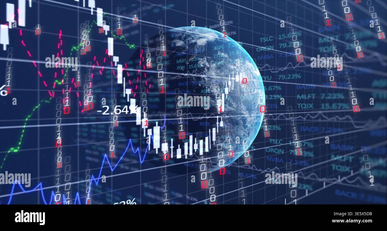 Rotating Earth globe showing candlesticks, percent labels, binary columns and grid in dashboard Stock Photo
