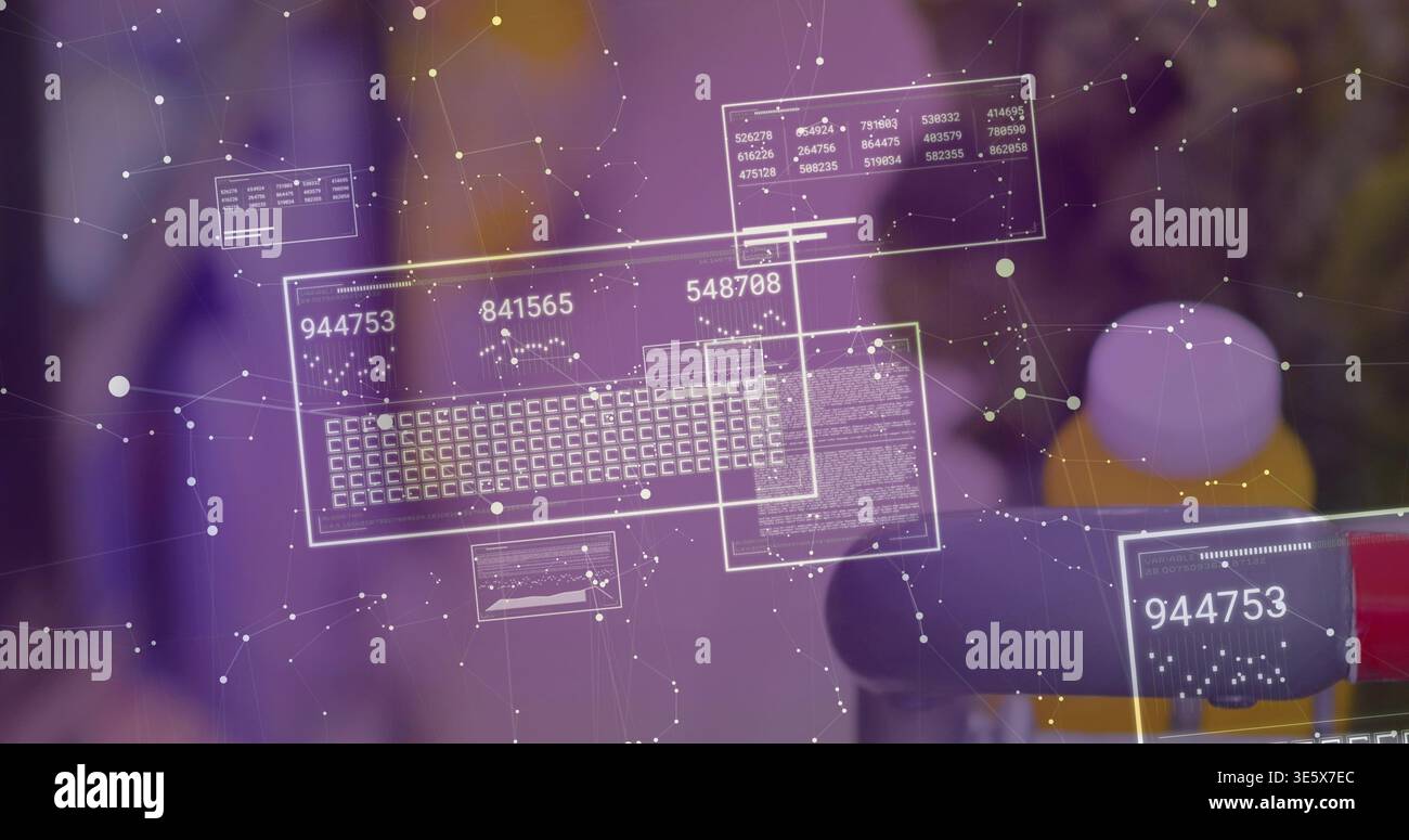 Projecting translucent data panels over tabletop, showing numeric IDs, keyboard grid, node network Stock Photo