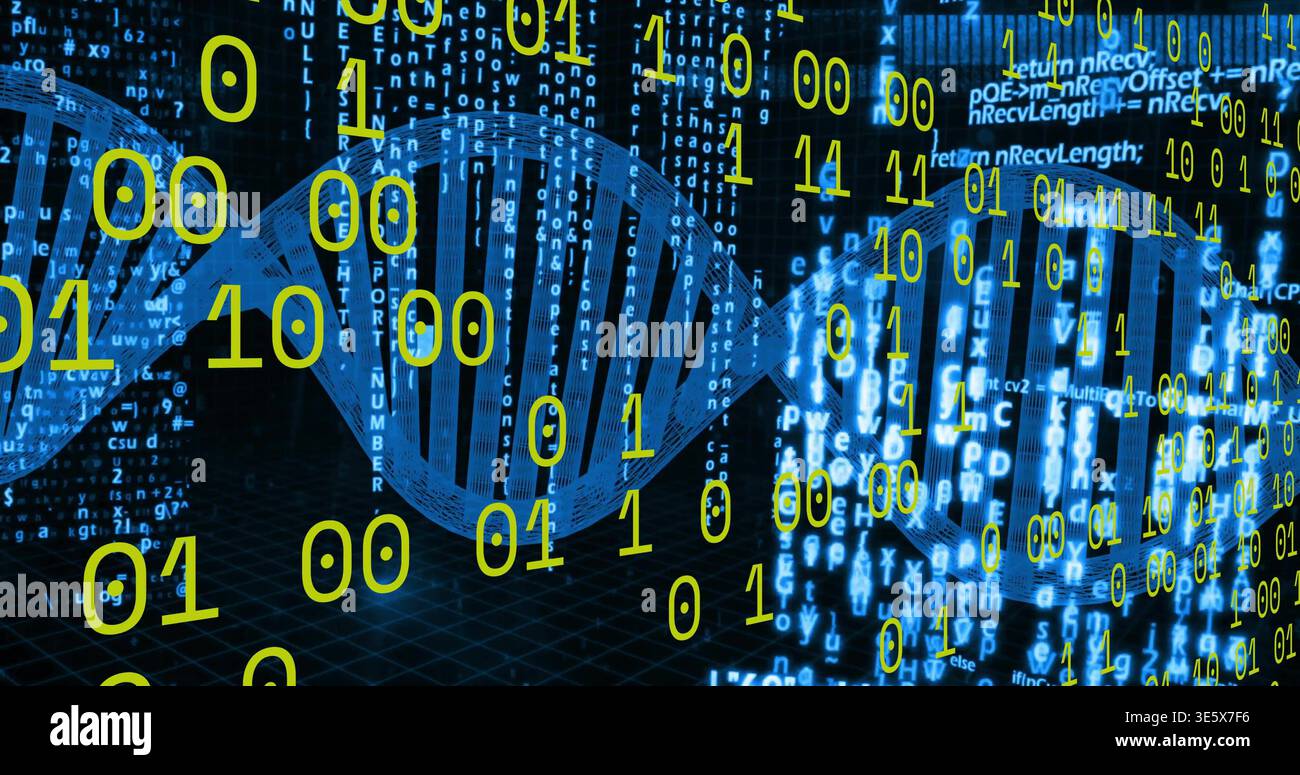 Glowing blue double helix DNA strand running across virtual lab grid, with binary digits streaming Stock Photo