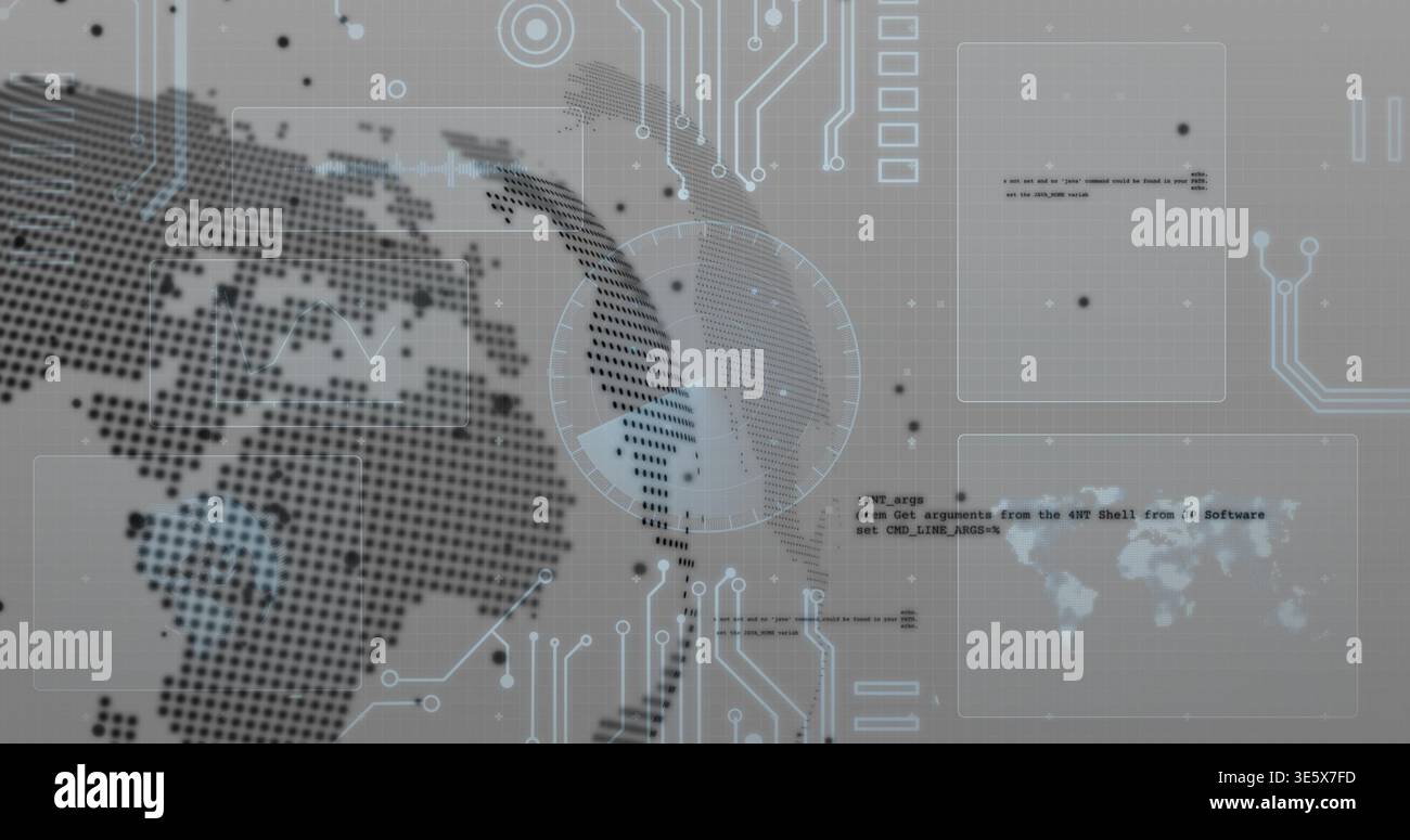Displaying dotted globe and HUD elements on virtual display, featuring reticle and circuit traces Stock Photo