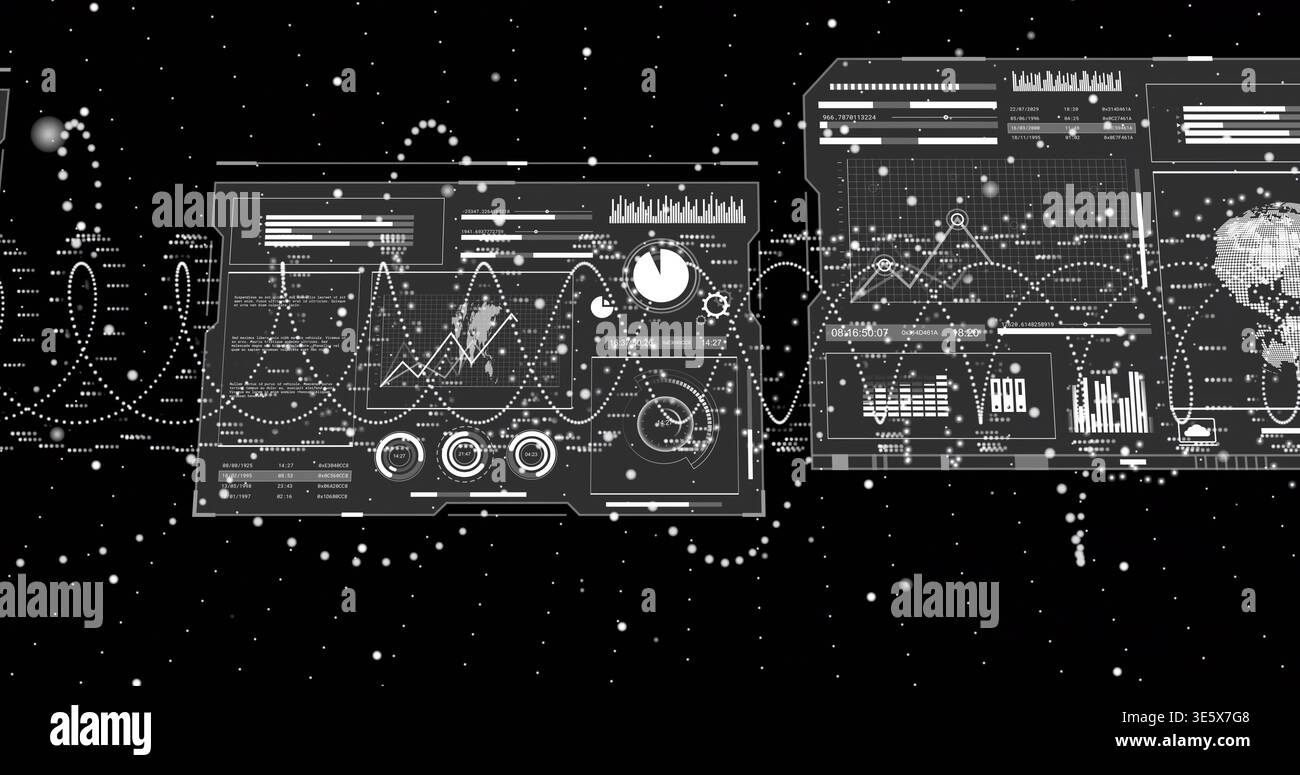 Hovering translucent dashboard panels displaying charts and gauges in virtual space, with map Stock Photo