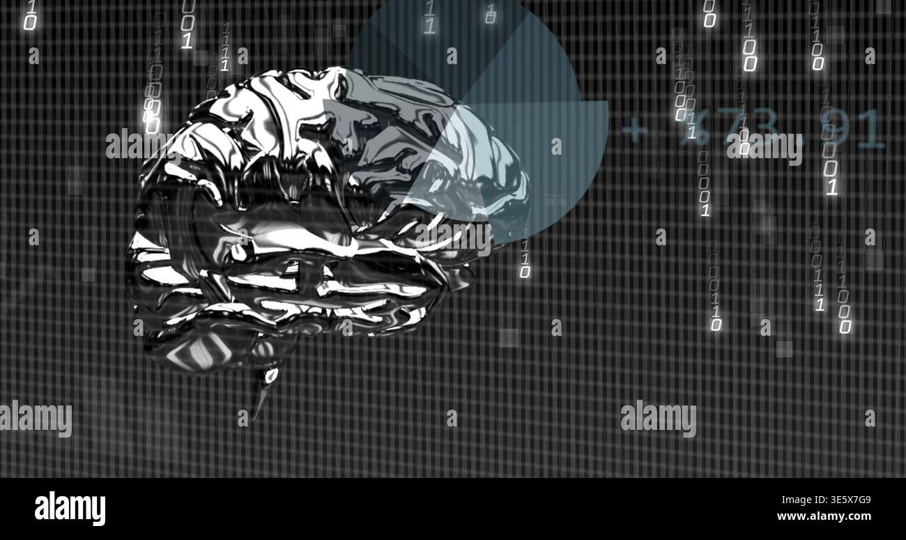 Floating chrome brain model reflecting grid in dark matrix, showing radial chart and binary digits Stock Photo