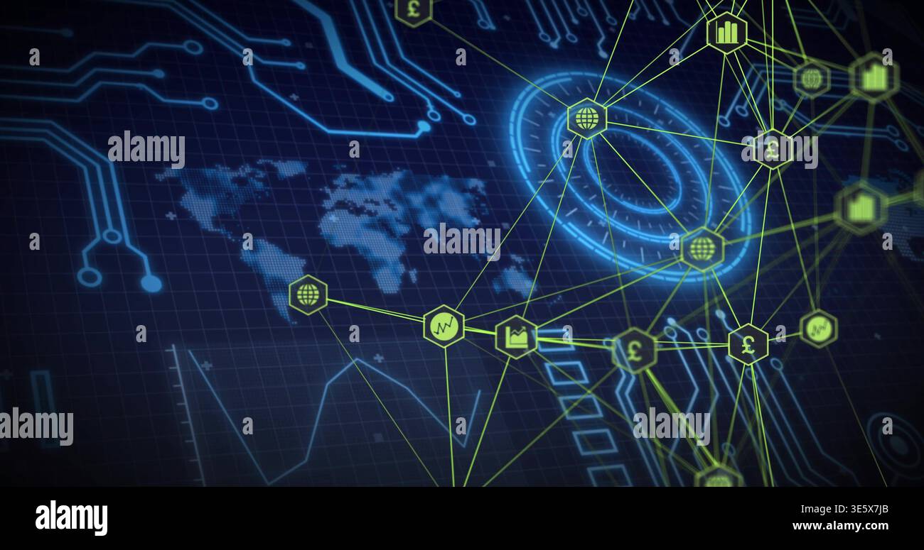 Displaying network on virtual dashboard, showing neon hex nodes, blue concentric target, world map Stock Photo