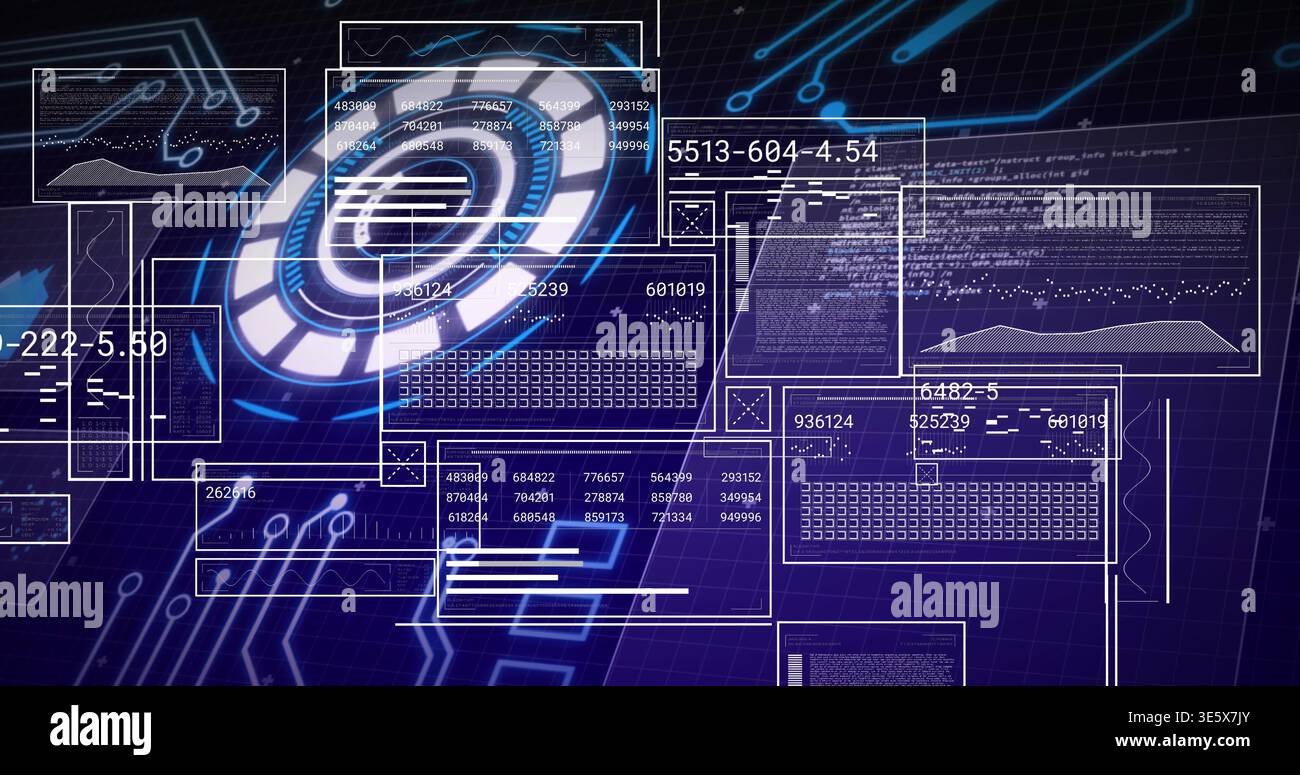 Projecting centered holographic circular hub glowing over virtual dashboard, displaying code panels Stock Photo