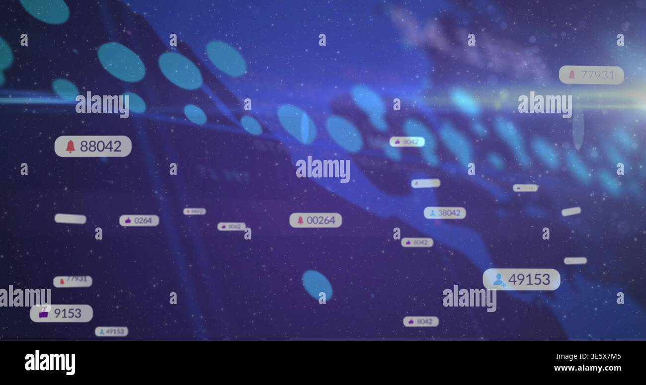 Floating notification badges moving across virtual dashboard, showing ...