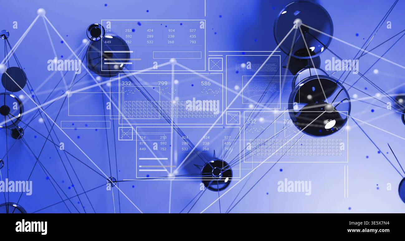 Connecting central glossy black spherical nodes floating in blue 3D visualization, with UI overlays Stock Photo
