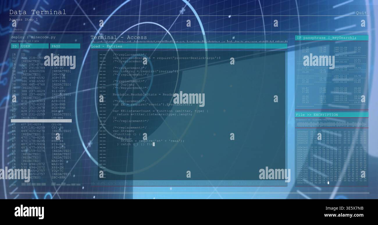 Displaying data terminal over server racks, showing code editor, left ID table, right IP panel, HUD Stock Photo