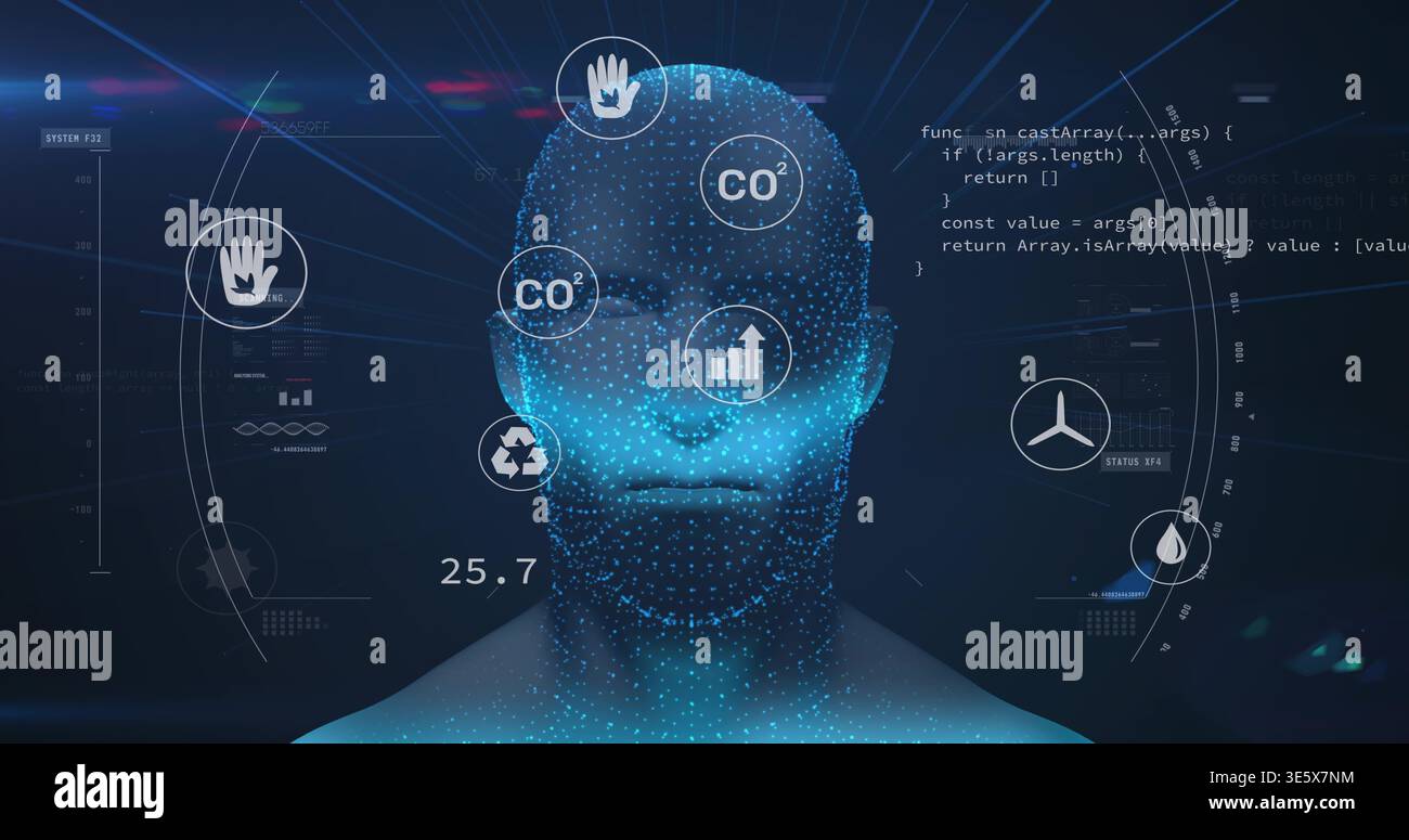 Displaying point-cloud bust projecting HUD overlays in virtual dashboard, showing 25 Stock Photo