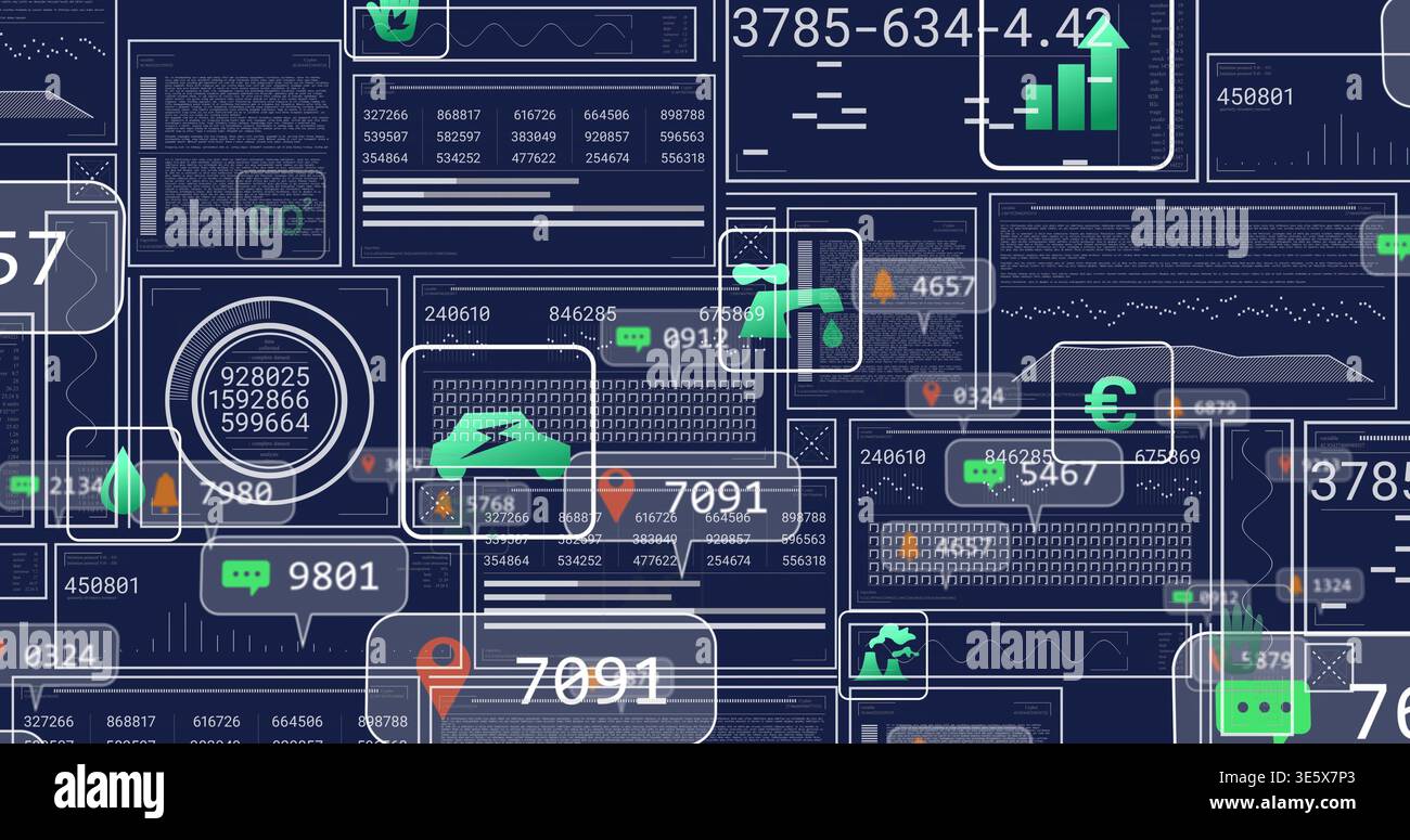Displaying dense analytics dashboard streaming live data on dark navy canvas, with readouts, badges Stock Photo