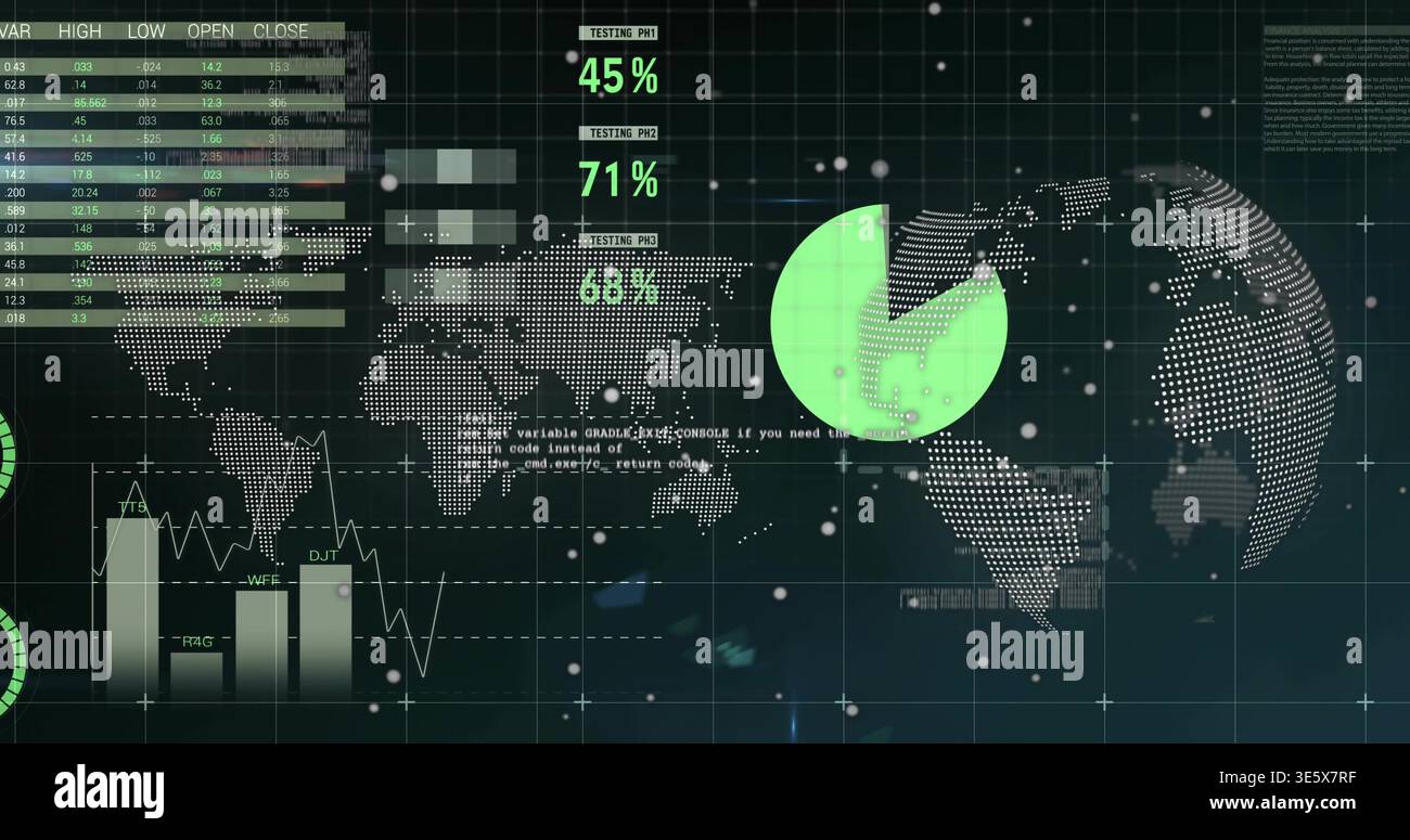 Displaying dark analytics dashboard in frame, showing dotted map, green pie, percent readouts Stock Photo