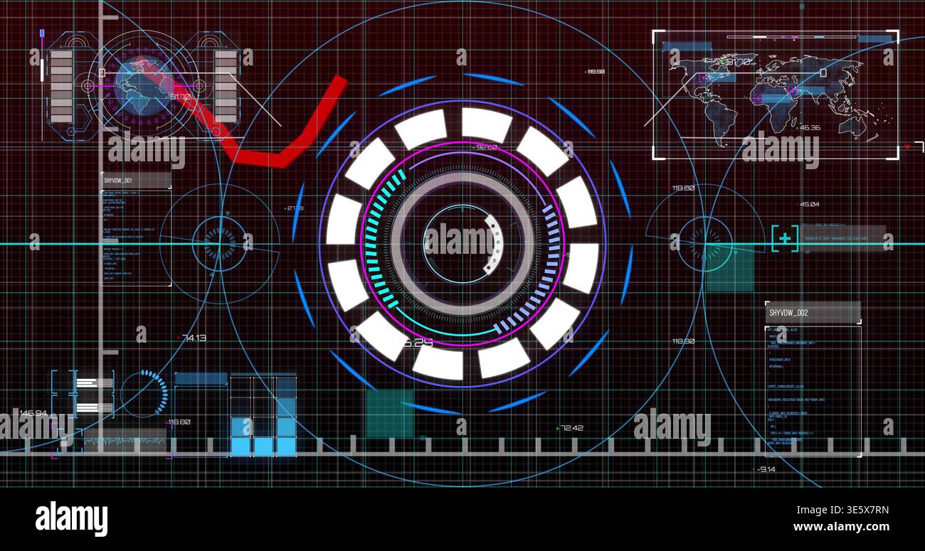 Displaying central multi-layered HUD projecting on digital control screen, with world map inset Stock Photo