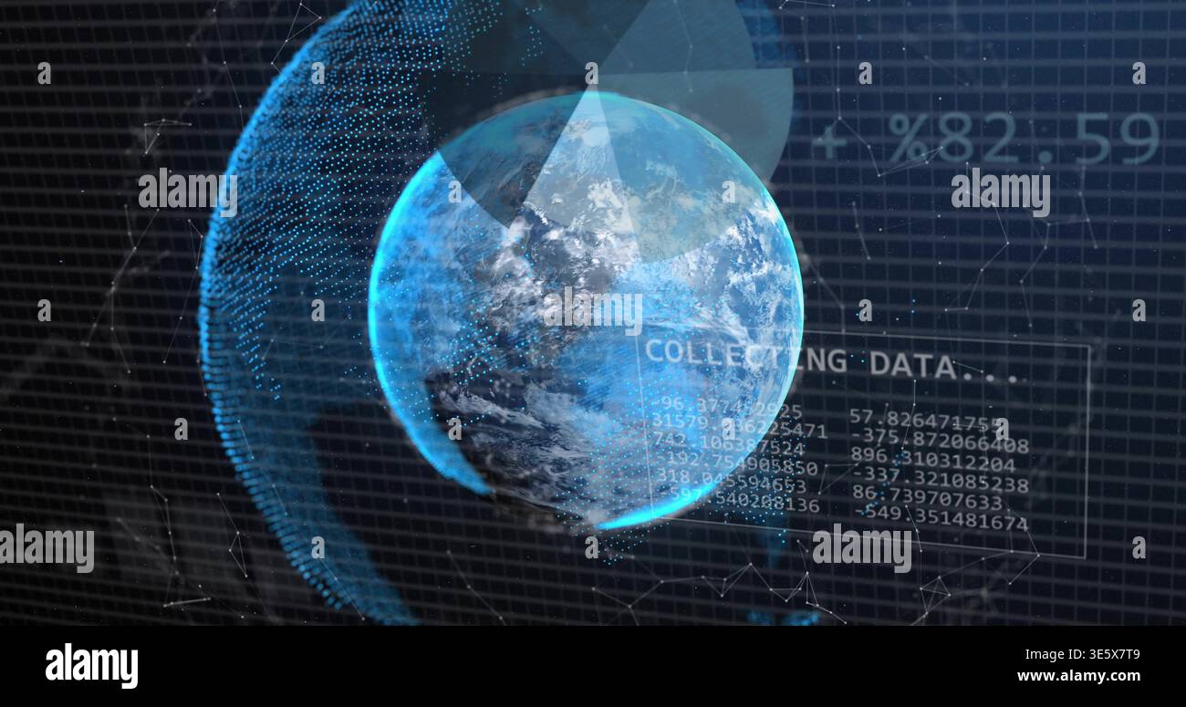 Rotating Earth globe showing data on console, with wireframe hemisphere, rings, COLLECTING DATA Stock Photo