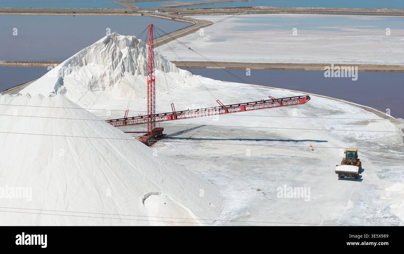Stacking Salt Aerial view red conveyor system heavy machinery stacking salt Stock ...