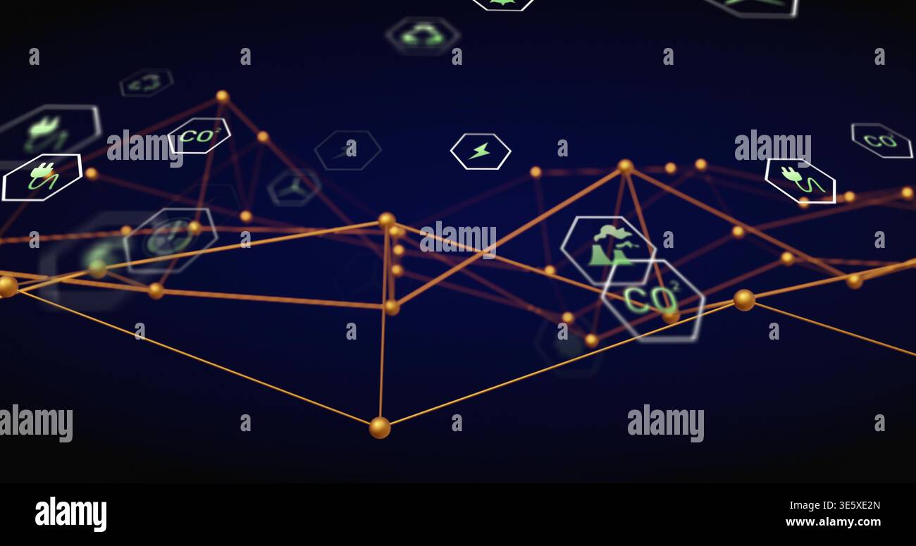 Rendering golden nodes forming glowing lines on dark gradient, showing hex CO2 plug bolt leaf icons Stock Photo