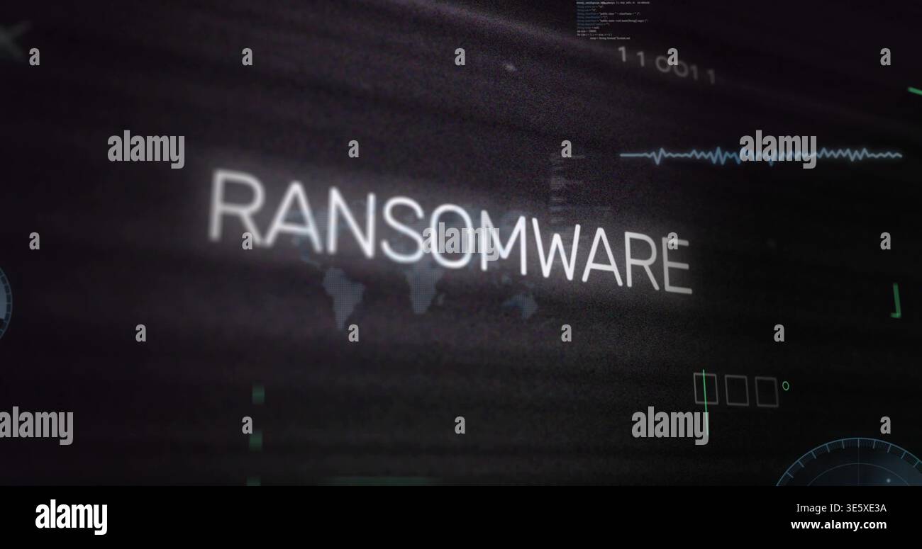 Displaying large RANSOMWARE label centered on computer display, showing world map, waveform, radar Stock Photo