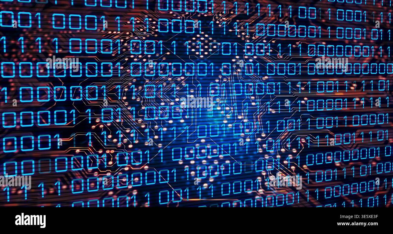 Displaying centered PCB in macro view showing binary overlay with microchip and copper traces Stock Photo