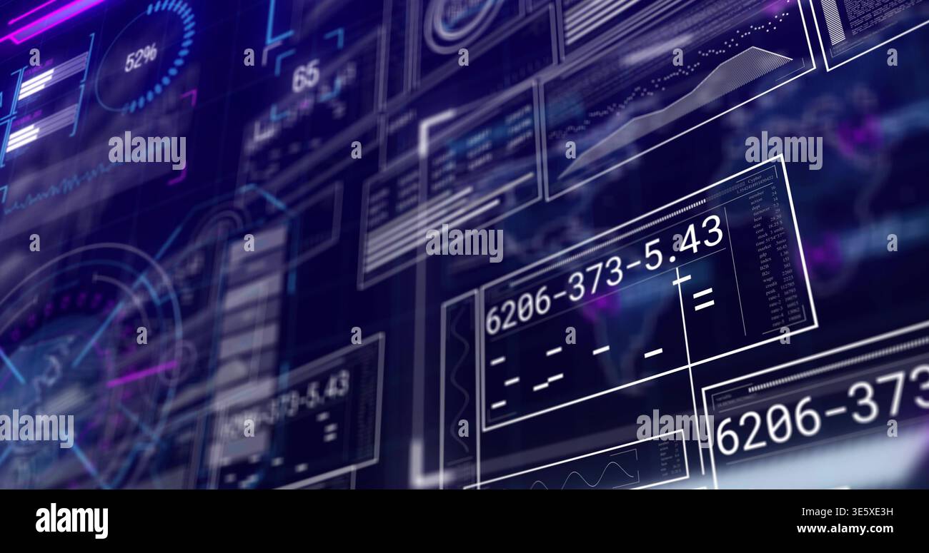Displaying translucent data panels floating in virtual HUD, showing 6206-373-5 Stock Photo