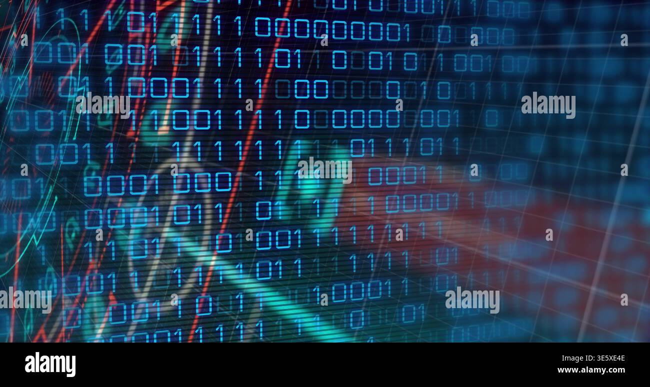 Streaming rows of binary digits scrolling across abstract interface, with gridlines and faint face Stock Photo