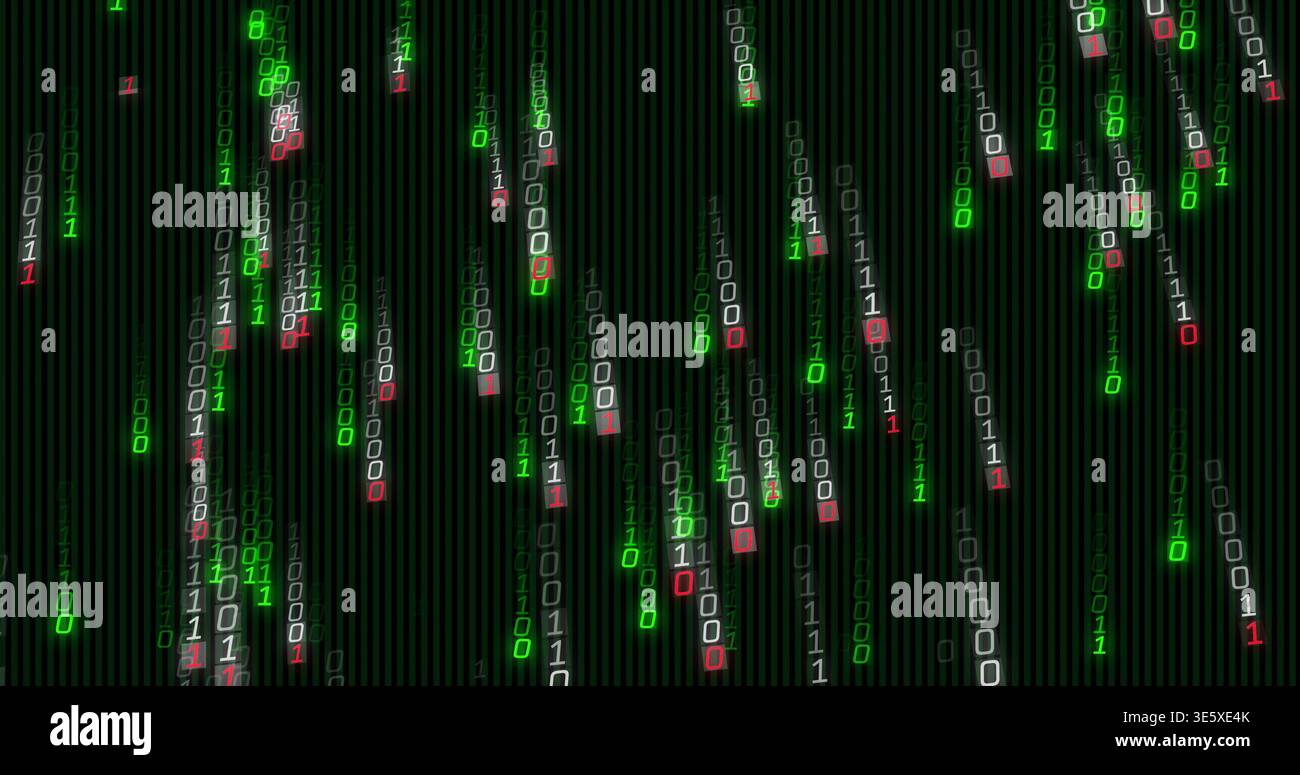 Cascading centered binary code streams flowing down virtual screen, with glowing digits, red blocks Stock Photo