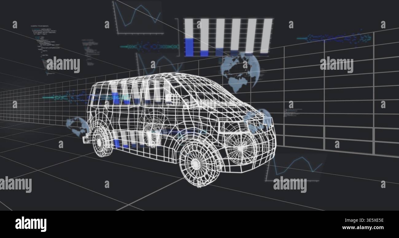 Displaying white wireframe van model rotating in virtual 3D modeling space, showing HUD charts Stock Photo