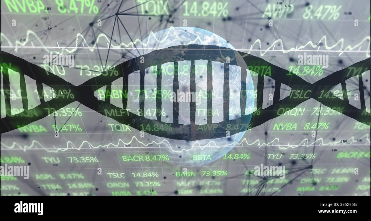 Displaying dark DNA helix spanning globe in data dashboard, with green tickers and waveforms Stock Photo