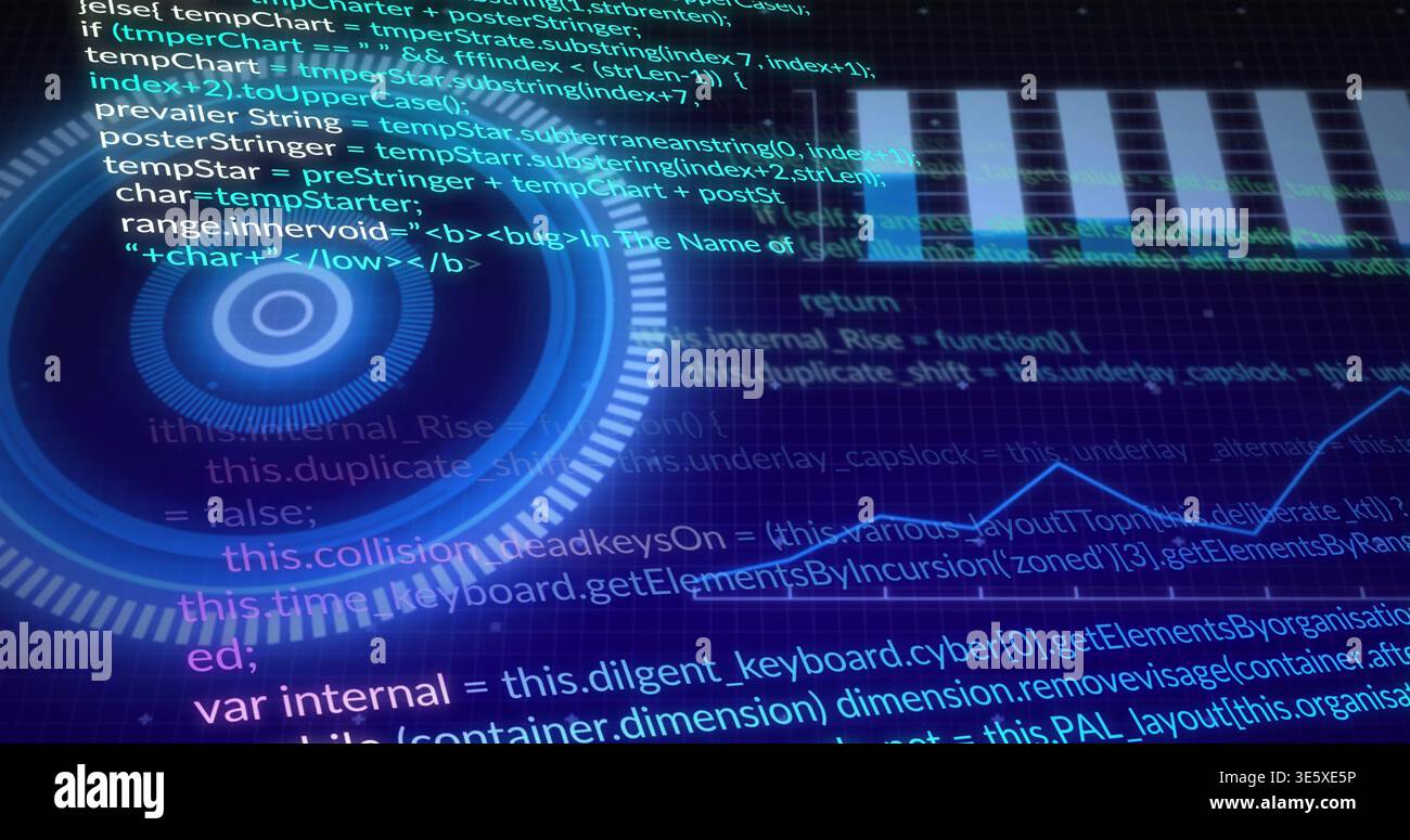 Displaying circular digital HUD pulsing above code editor and tiled grid, showing blue line graph Stock Photo