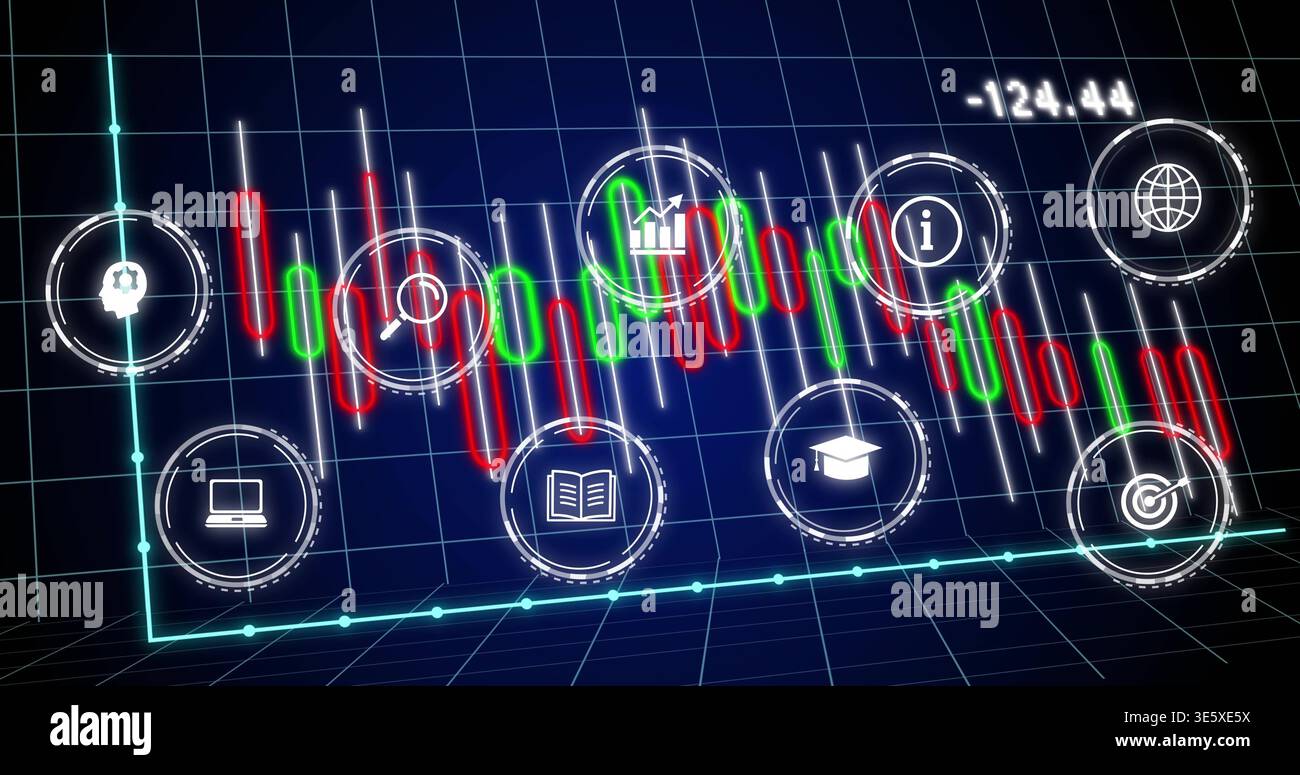 Displaying candlestick chart running on 3D grid with dashed icon markers, cyan baseline -124 Stock Photo